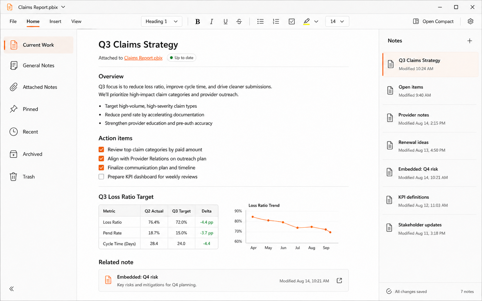 ClingNote desktop workspace with a note attached to a Power BI report